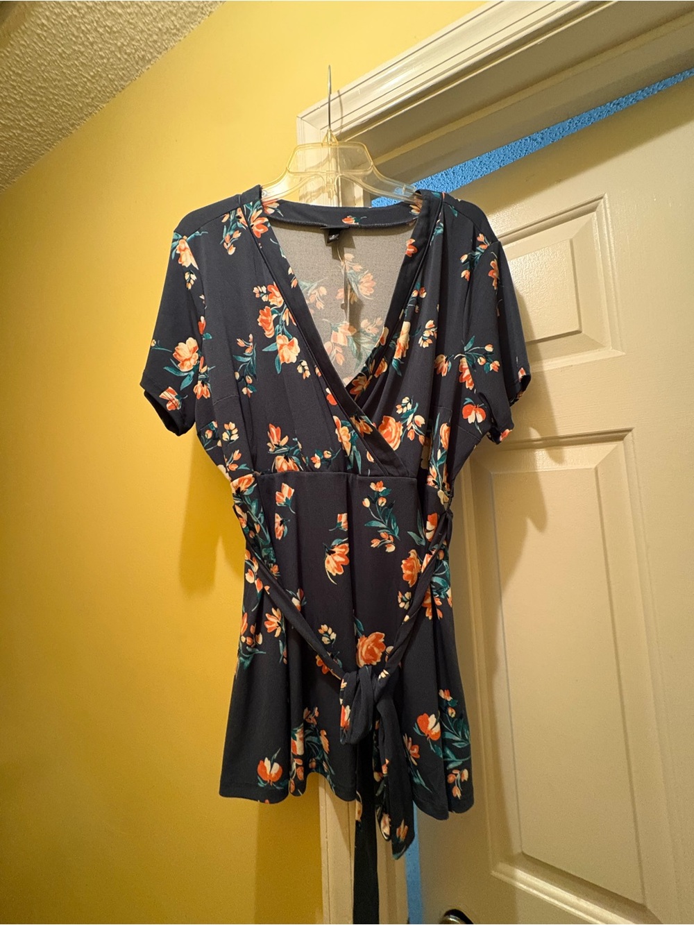 Navy Floral Wrap Women's Top with Tie Waist